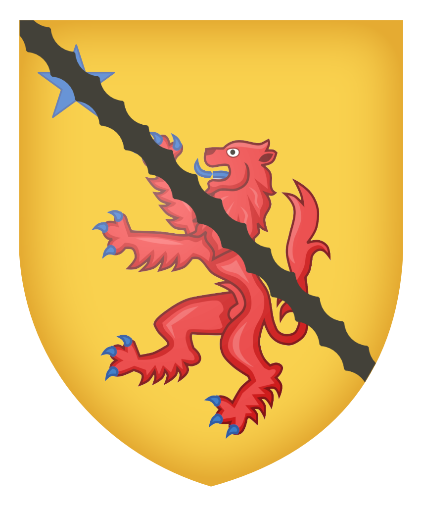 Fairll of Braid - Or, a lion rampant Gules and in dexter chief a mullet, all debruised by a riband engrailed Sable