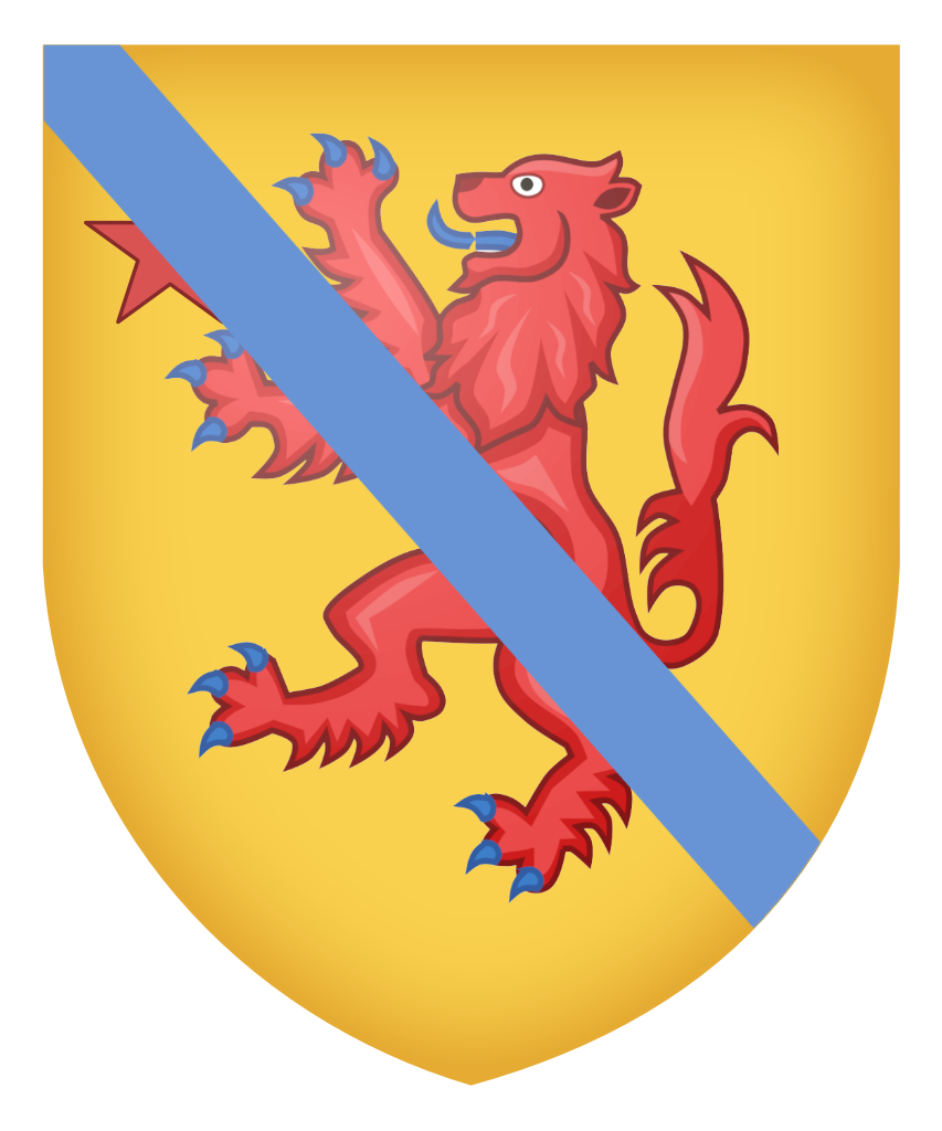 Fairlie of Braid - Or, a lion rampant with a star between his fore-paws both Gules, the whole debruised by a bendlet Azure